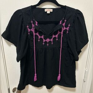 Knox Rose Black & Purple Embroidered Peasant Blouse 100% Cotton Size Small Boho